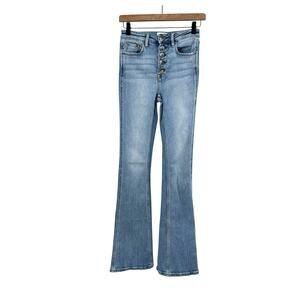 Driftwood Exposed Button Fly High Waist Plain Simple Medium Wash Flare Jeans